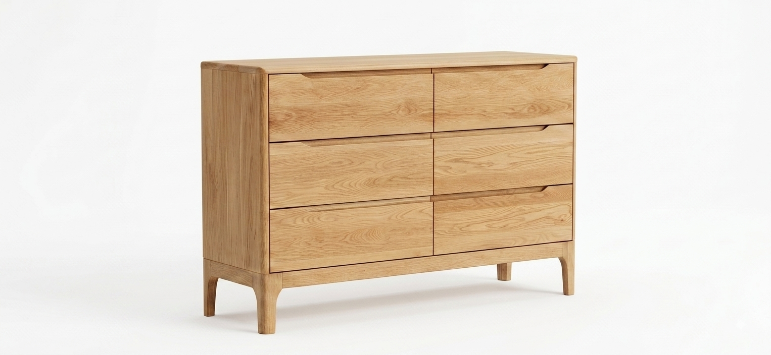 Komoda VIKEN — lite drewno dębu, 6 szuflad, 125 cm
