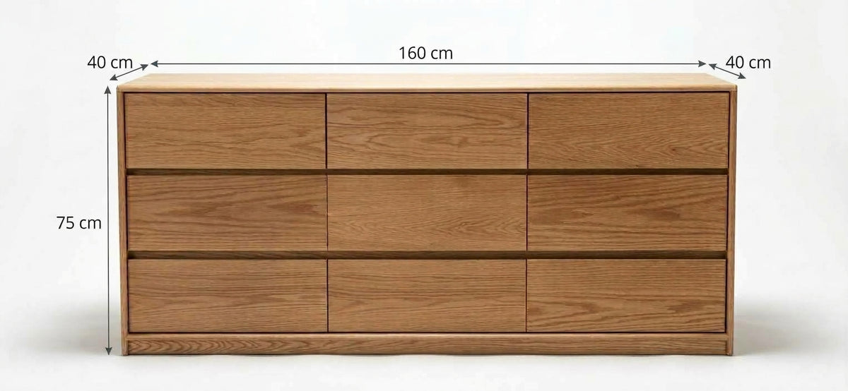 Komoda TOVA — lite drewno dębu, 9 szuflad, 160 cm