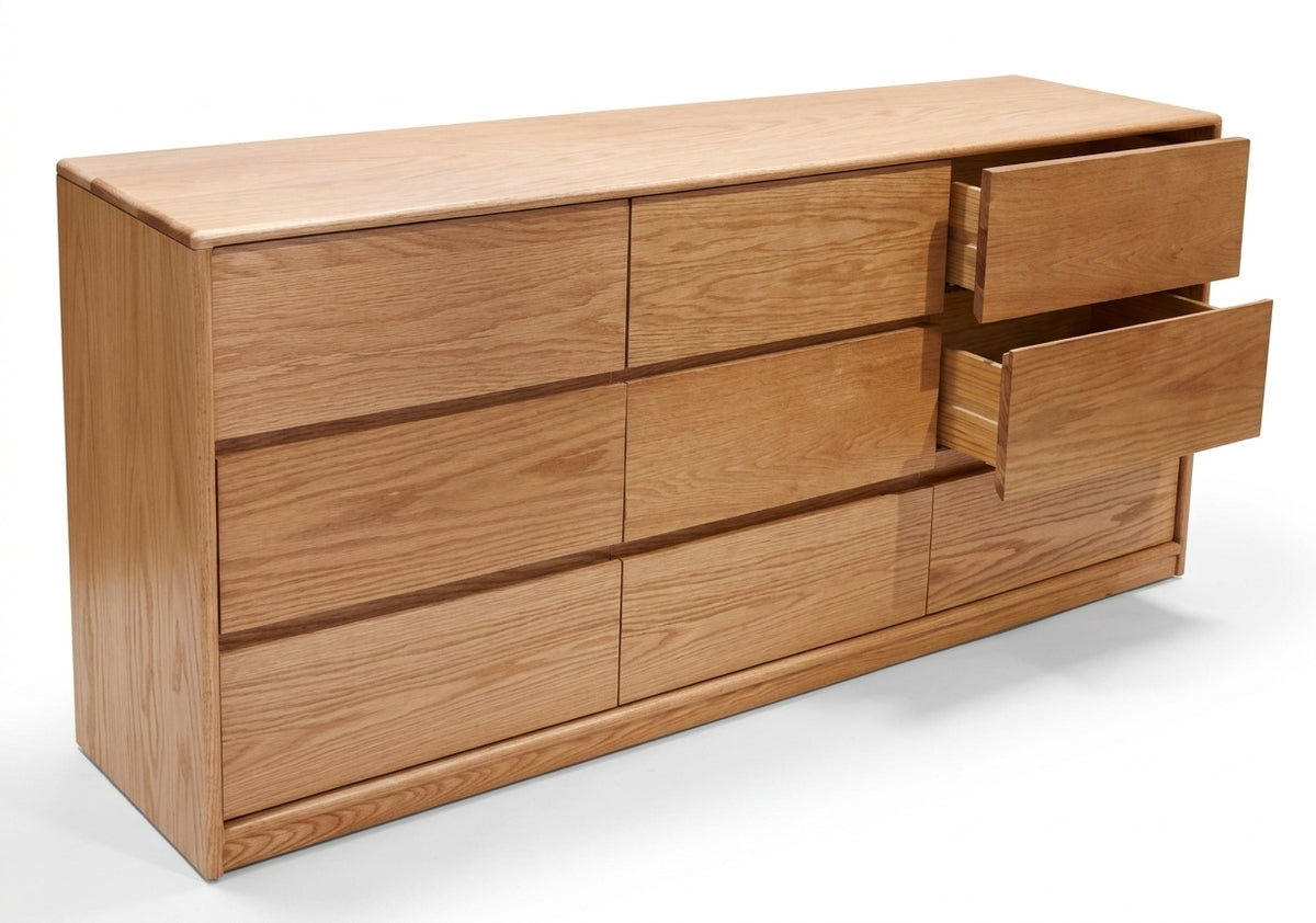 Komoda TOVA — lite drewno dębu, 9 szuflad, 160 cm