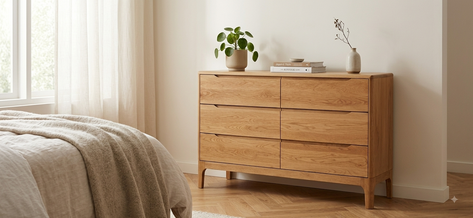 Komoda VIKEN — lite drewno dębu, 6 szuflad, 125 cm
