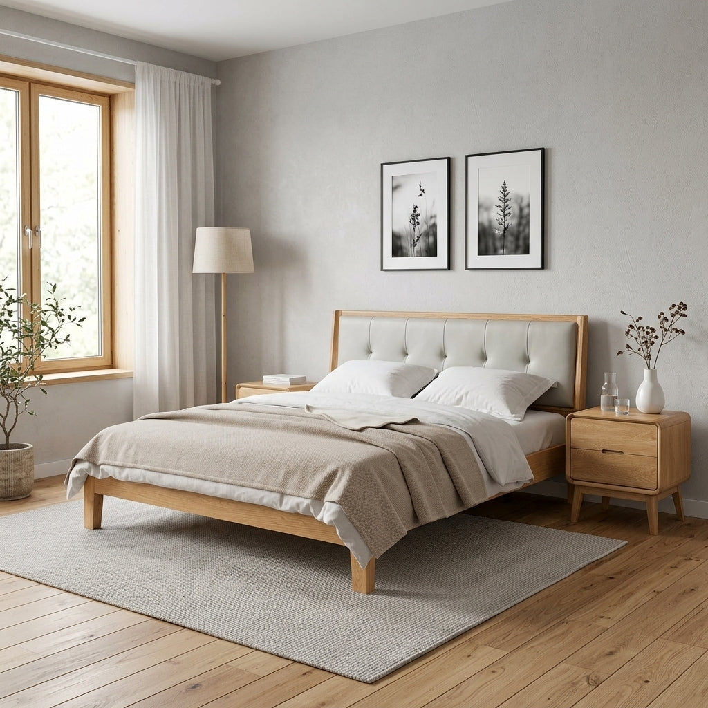 Łóżko SENJA 180×200 — lite drewno dębu, tapicerowane wezgłowie, japandi | Lite drewno