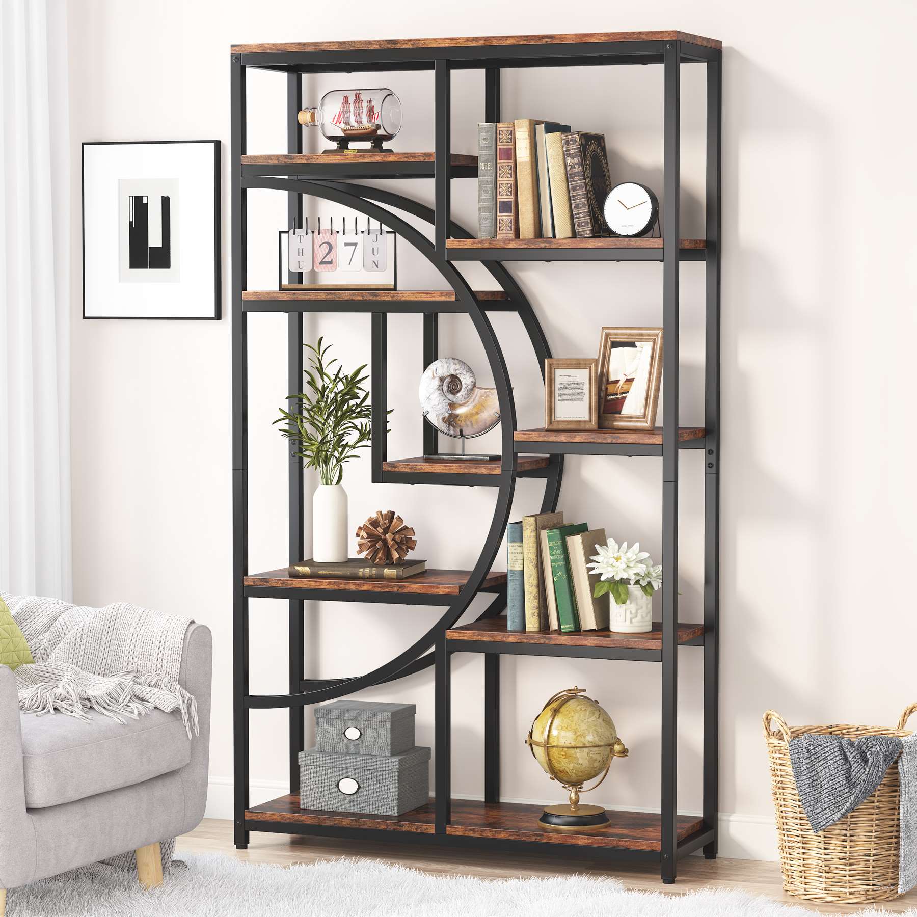 Regał piętrowy 175 cm z 9 półkami - geometryczny design