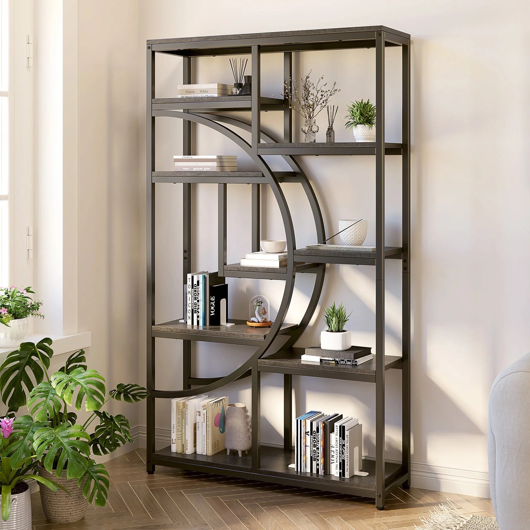 Regał piętrowy 175 cm z 9 półkami - geometryczny design