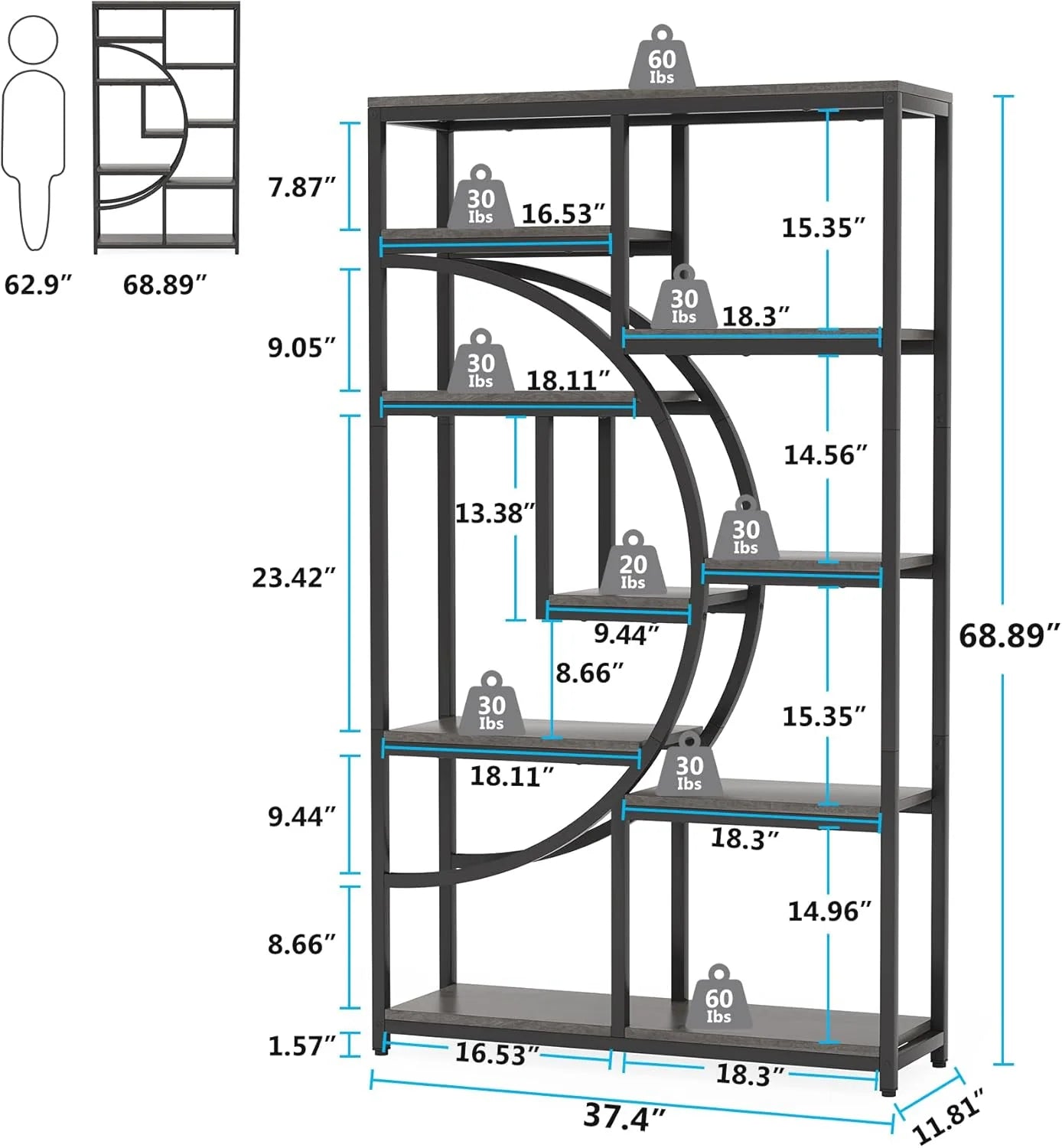 Regał piętrowy 175 cm z 9 półkami - geometryczny design