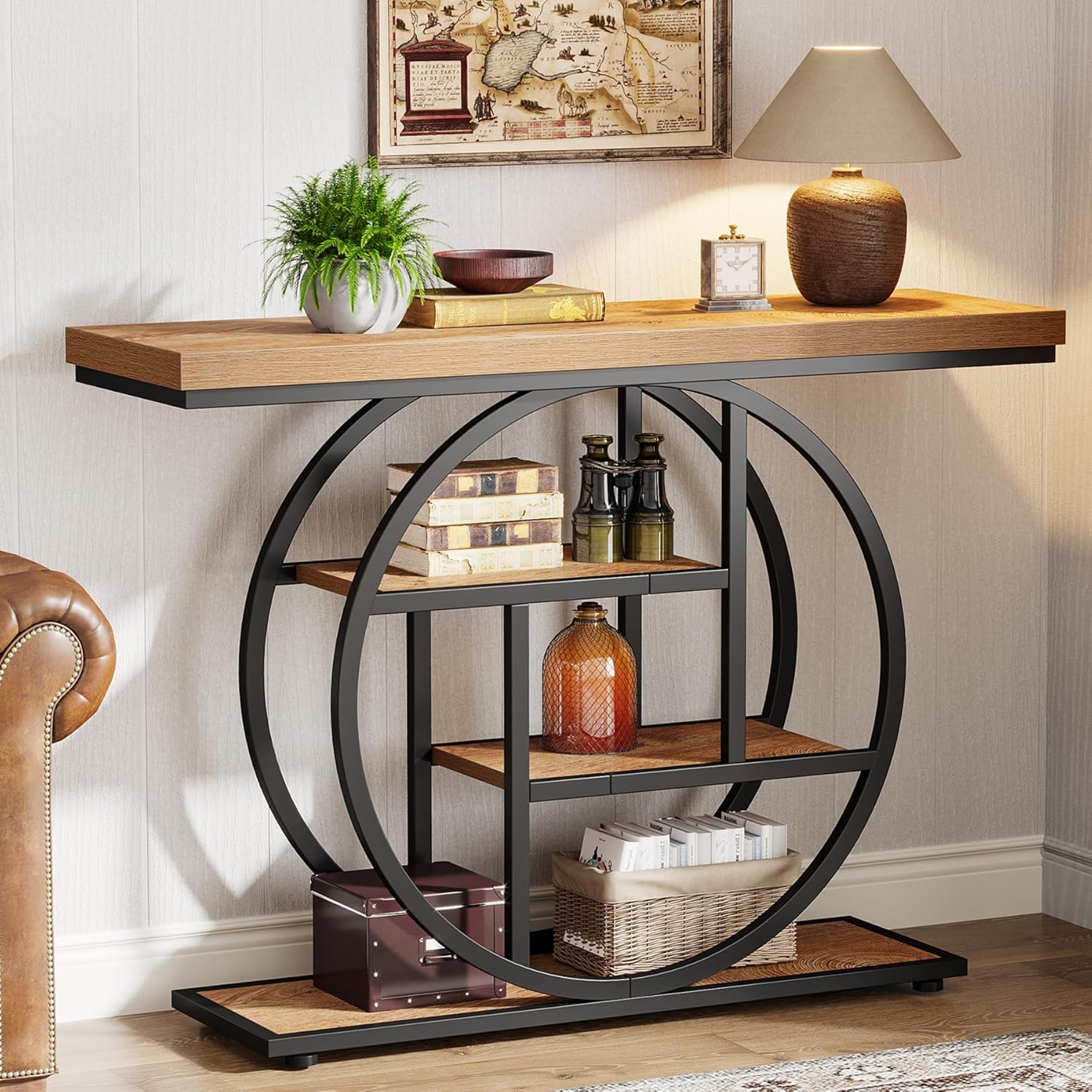 Okrągły, industrialny stolik konsolowy