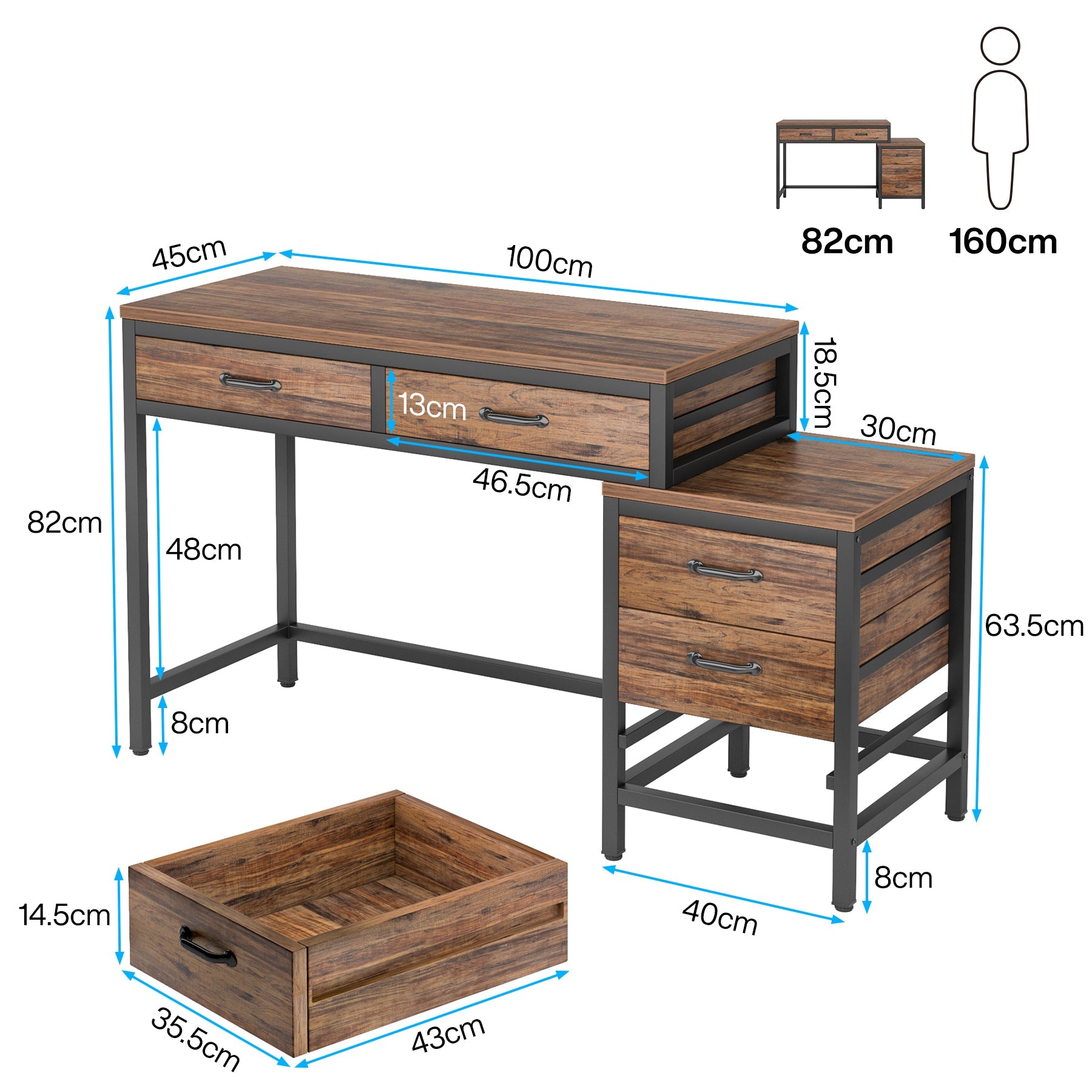 Biurko z 5 szufladami i odwracaną szafką na dokumenty