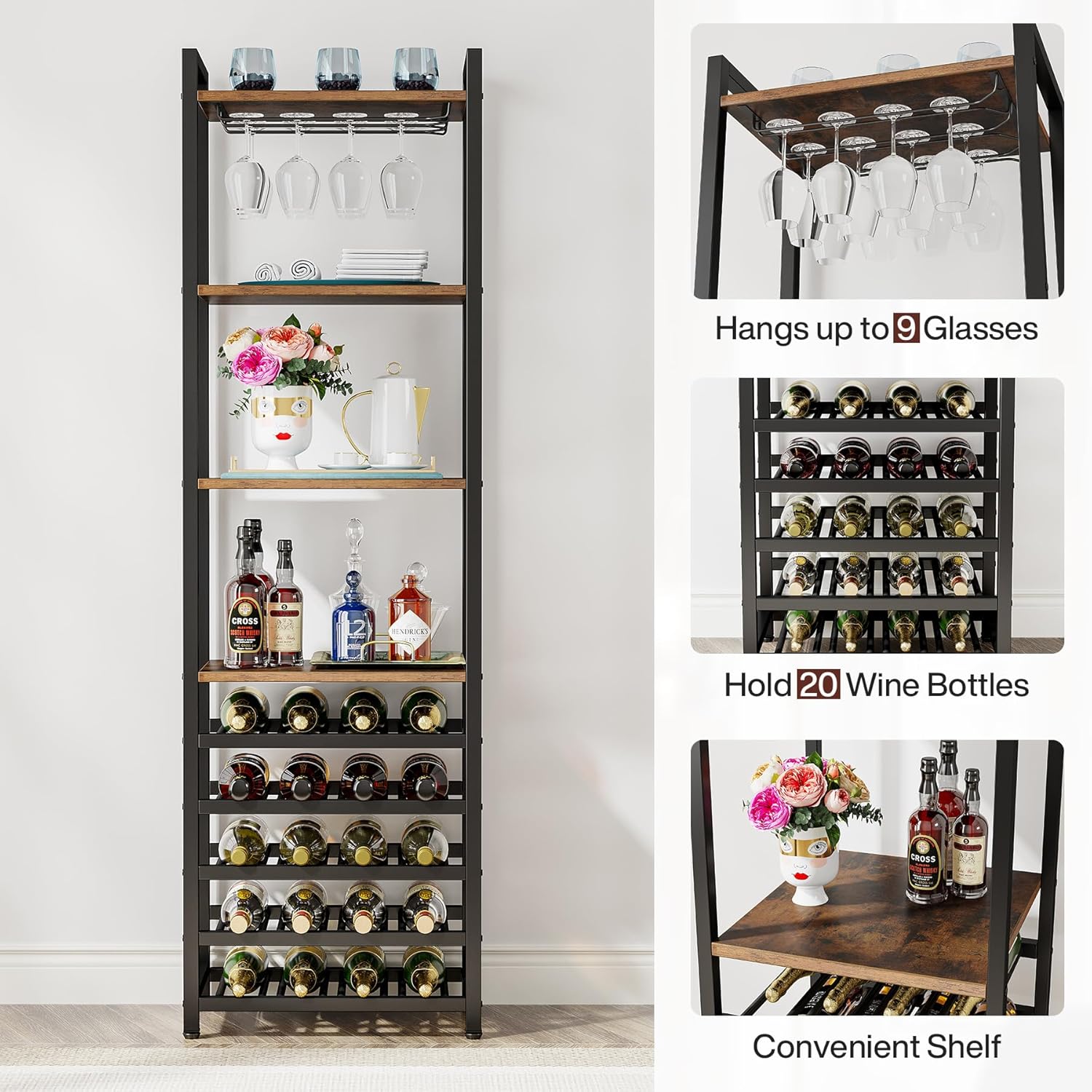 Industrialny regał na wino z uchwytem na kieliszki