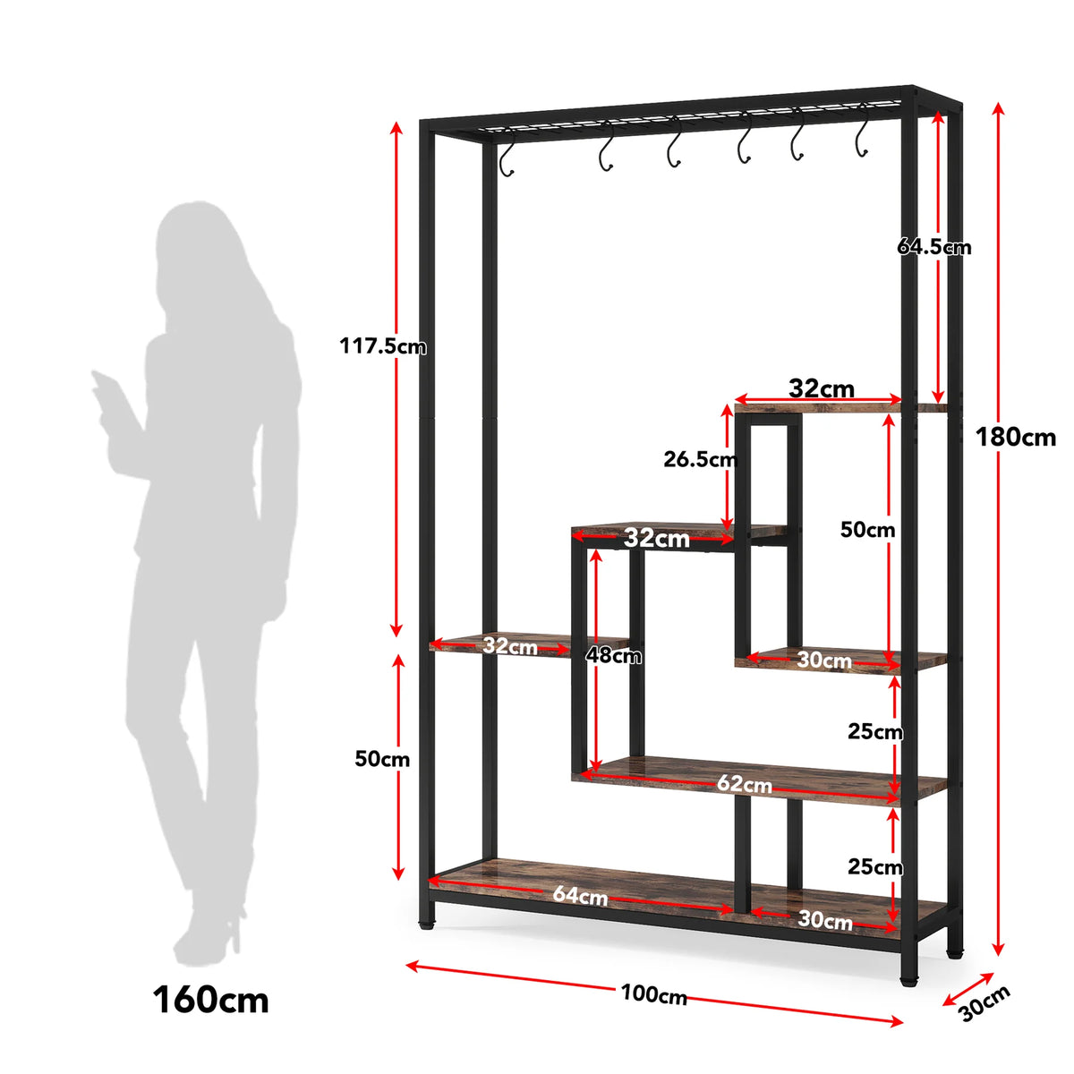 Stojak na rośliny 180 cm z 7 półkami i 6 hakami S