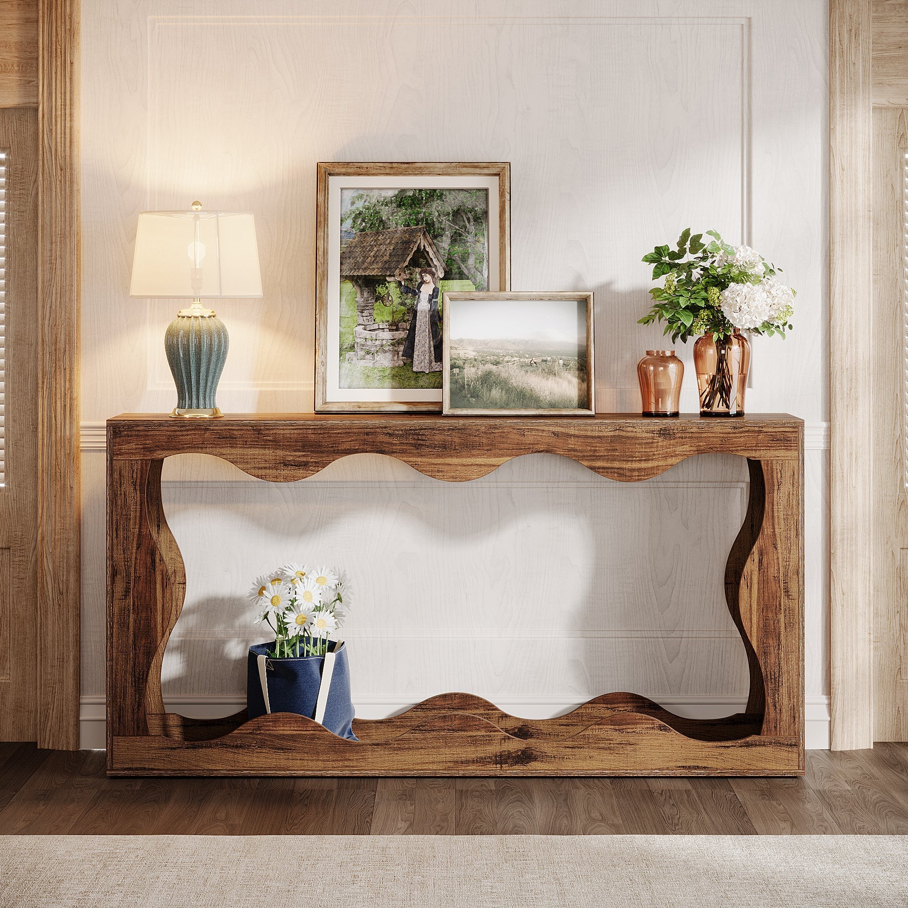 Drewniany stolik konsolowy w stylu farmhouse