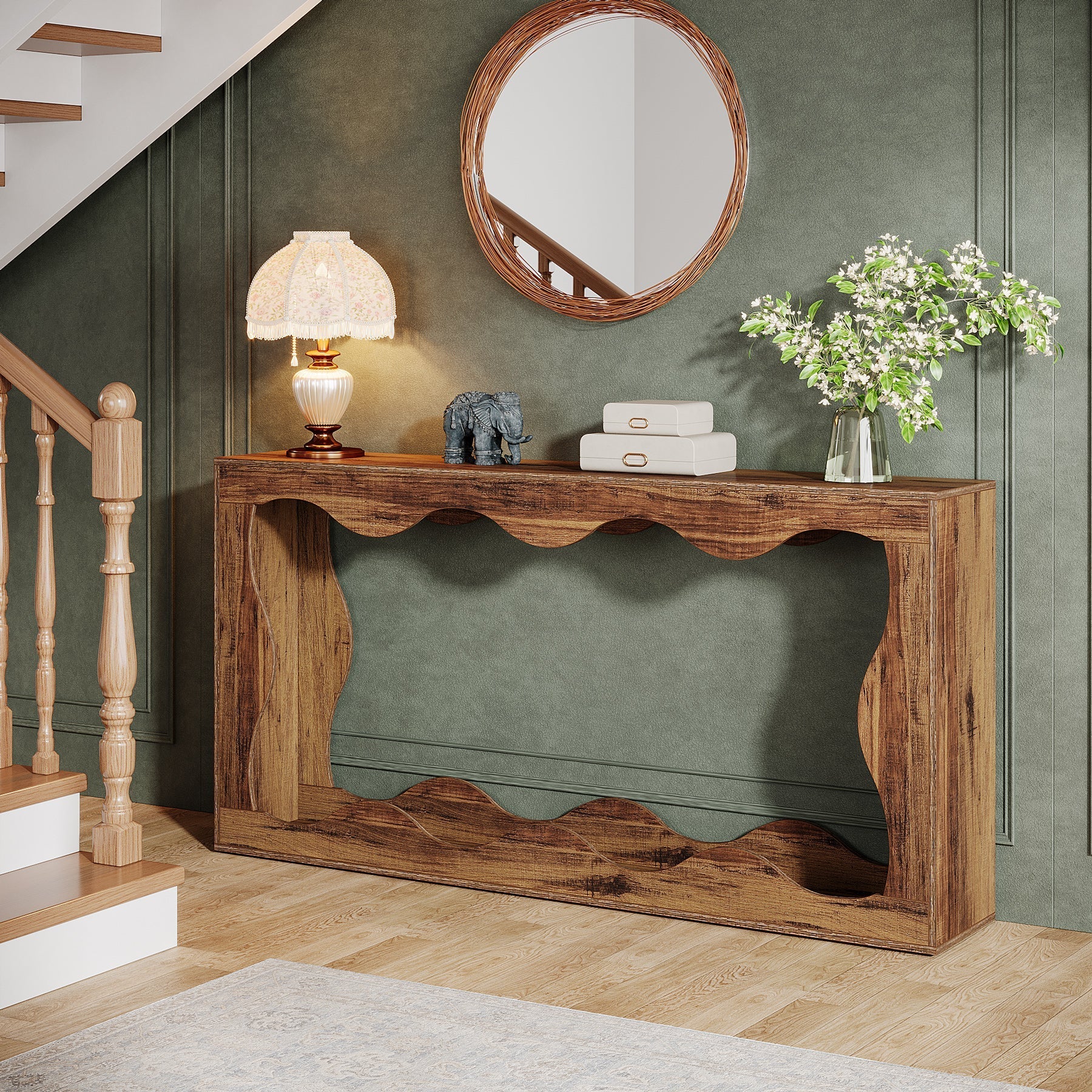 Drewniany stolik konsolowy w stylu farmhouse