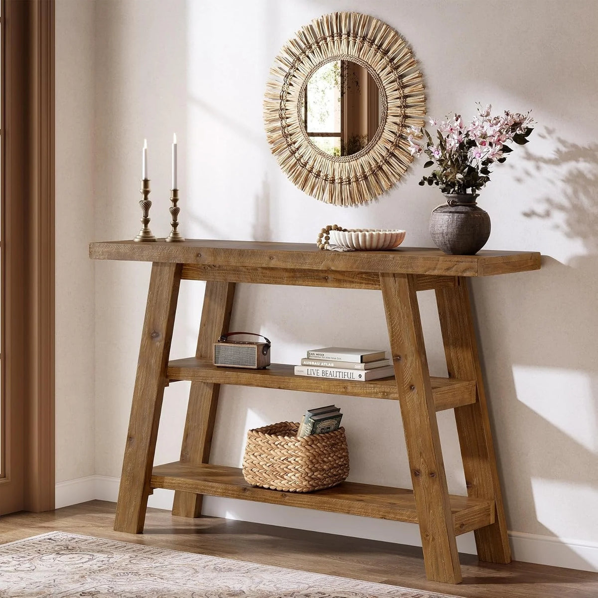 Drewniany stolik konsolowy 120 cm z 3 półkami, styl rustykalny