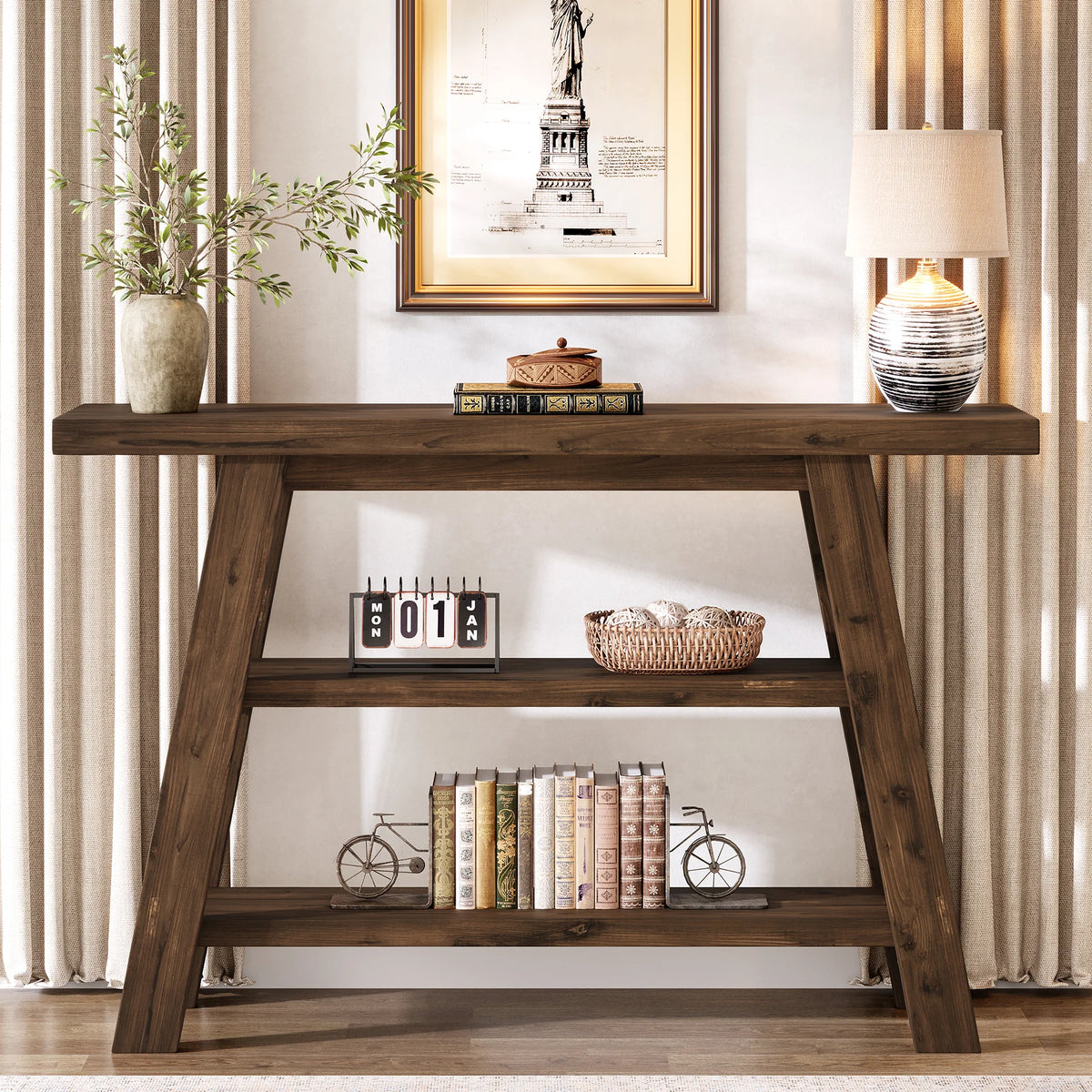 Drewniany stolik konsolowy 120 cm z 3 półkami, styl rustykalny