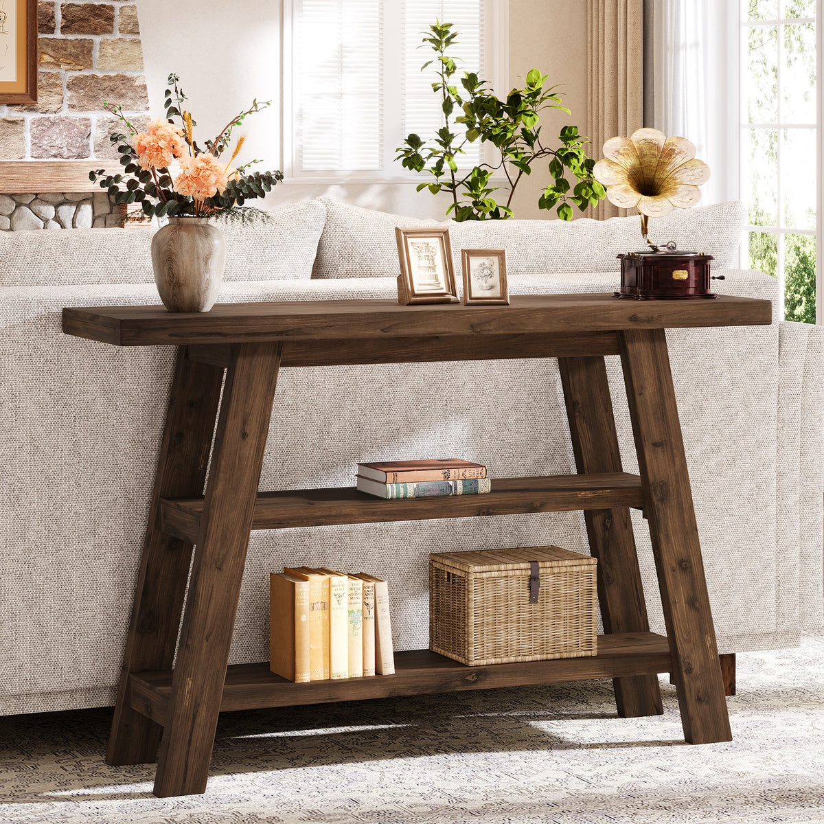 Drewniany stolik konsolowy 120 cm z 3 półkami, styl rustykalny
