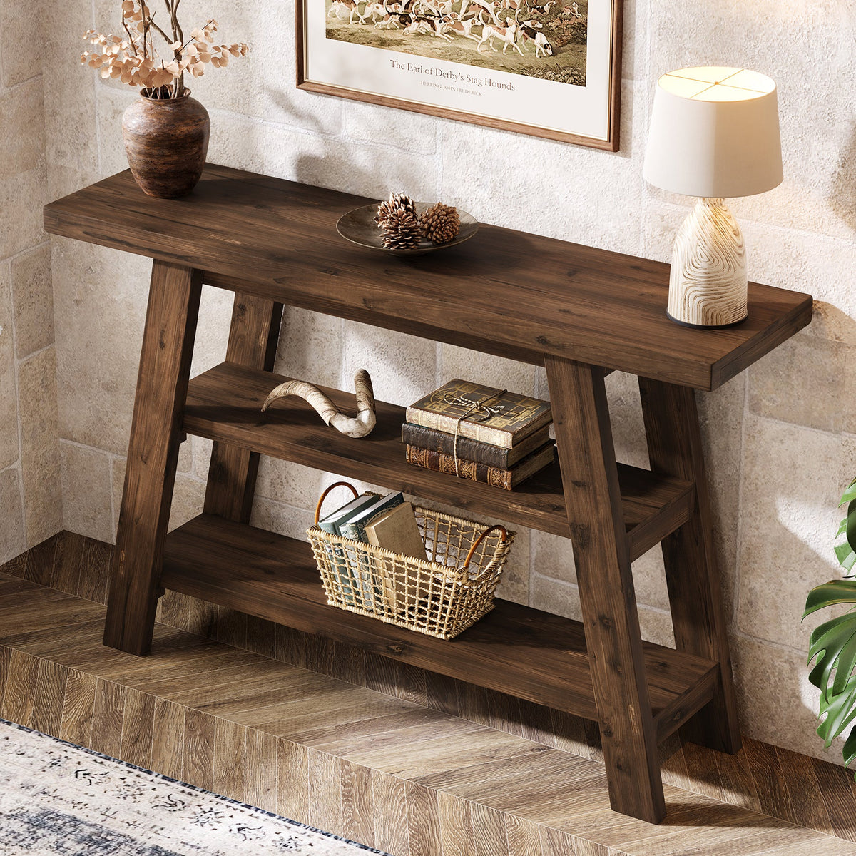 Drewniany stolik konsolowy 120 cm z 3 półkami, styl rustykalny