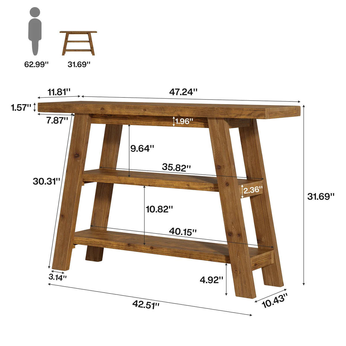Drewniany stolik konsolowy 120 cm z 3 półkami, styl rustykalny