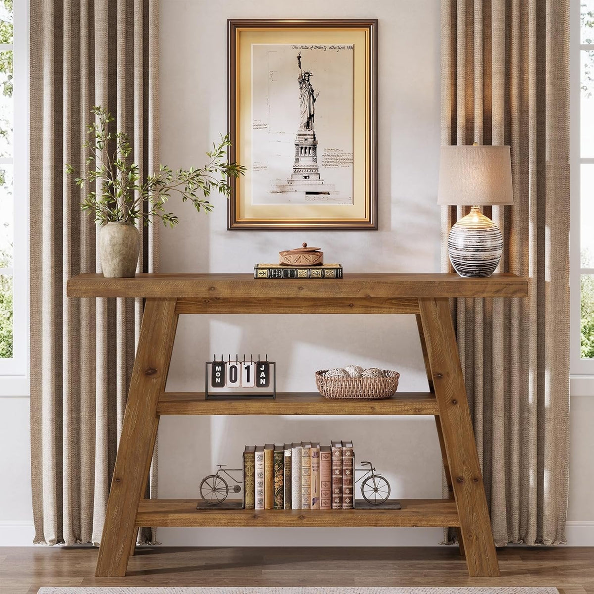 Drewniany stolik konsolowy 120 cm z 3 półkami, styl rustykalny