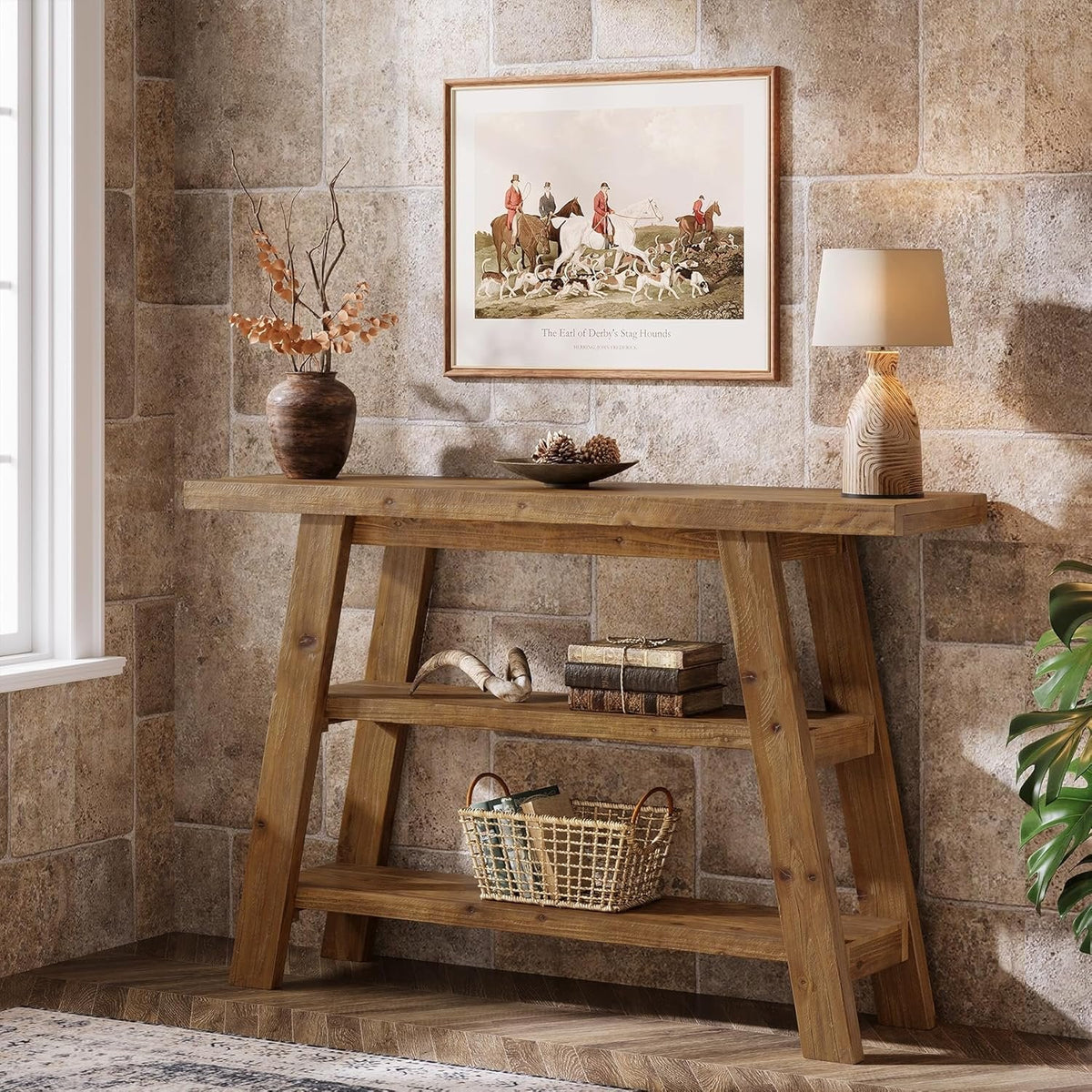 Drewniany stolik konsolowy 120 cm z 3 półkami, styl rustykalny