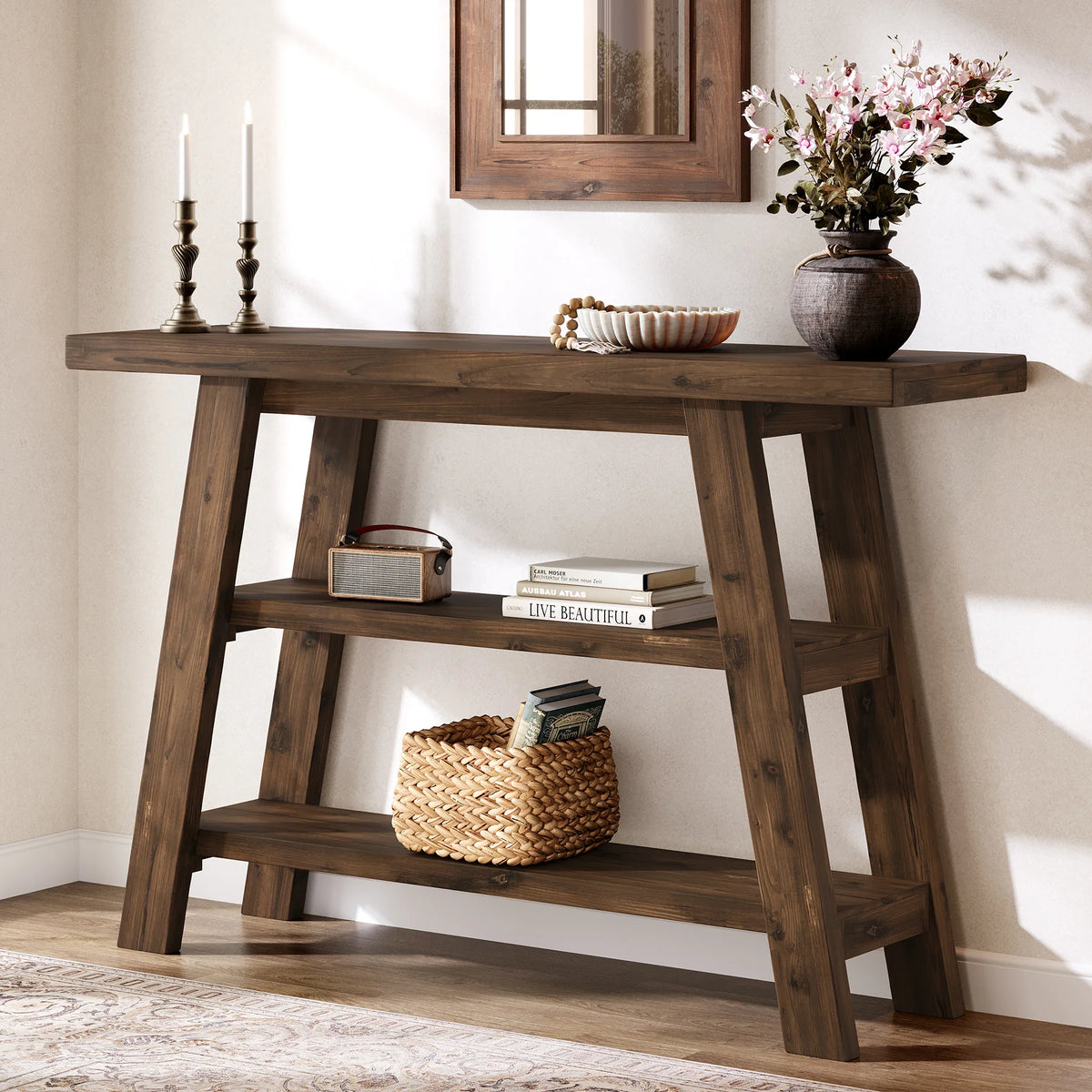 Drewniany stolik konsolowy 120 cm z 3 półkami, styl rustykalny