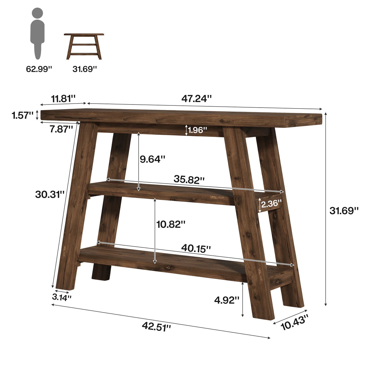 Drewniany stolik konsolowy 120 cm z 3 półkami, styl rustykalny