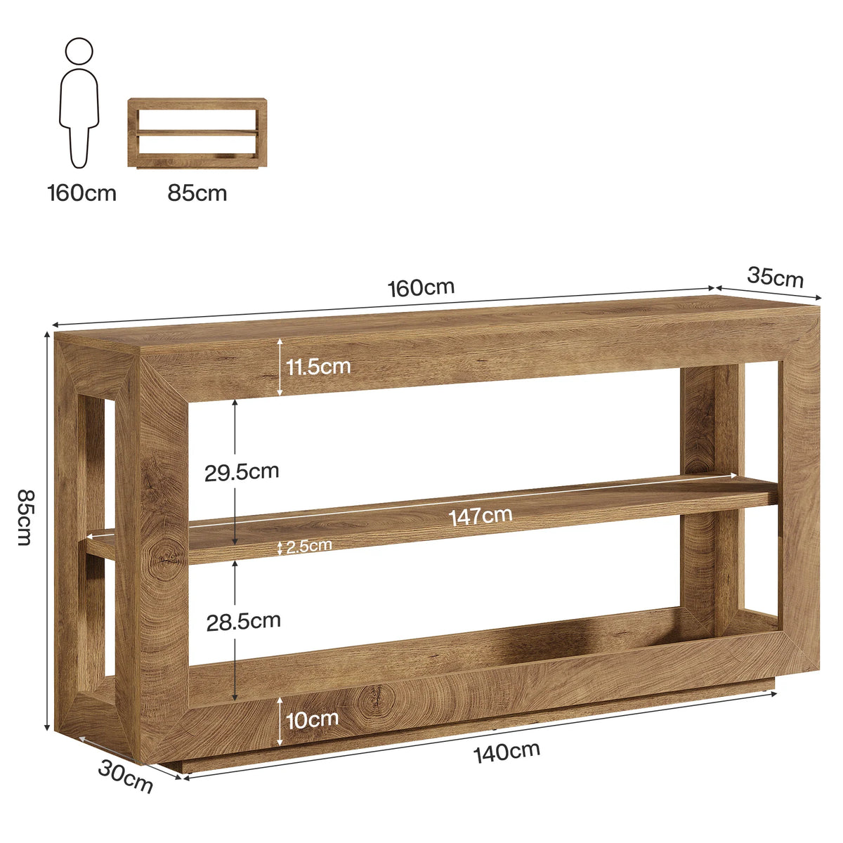 Stolik konsola 160 cm - rustykalny z trzema półkami