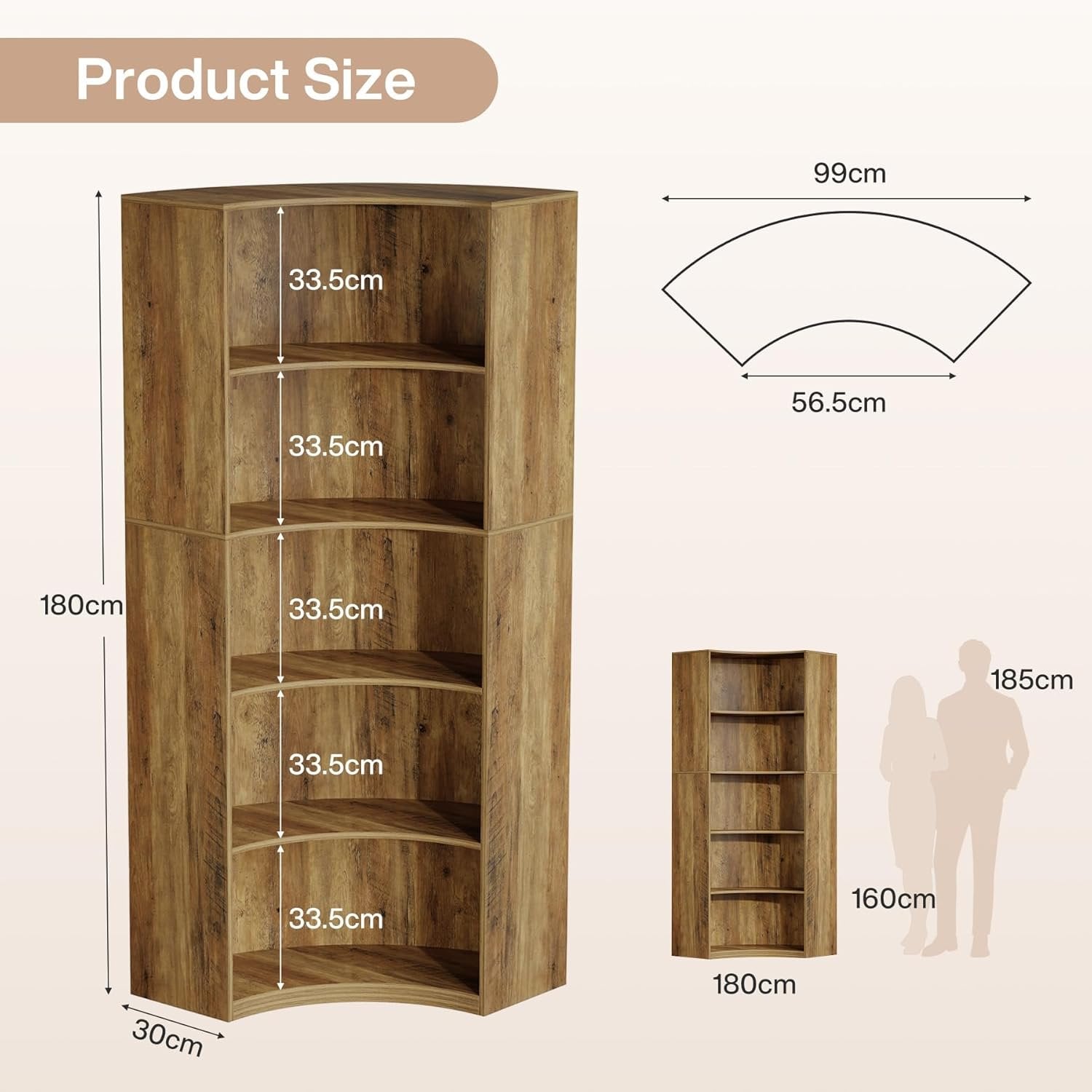 6-poziomowy regał narożny z zaokrąglonymi rogami, 180 cm