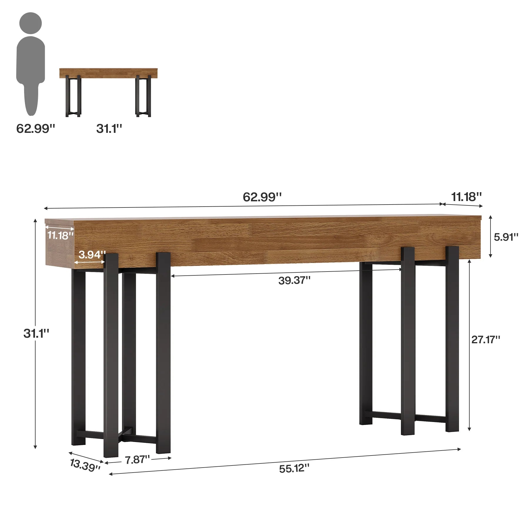 Rustykalny stół konsoli 160 cm z metalową podstawą