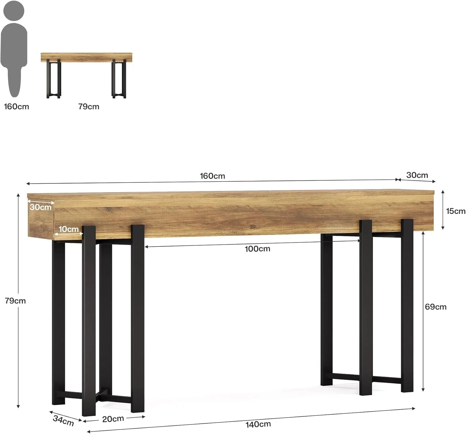 Rustykalny stół konsoli 160 cm z metalową podstawą