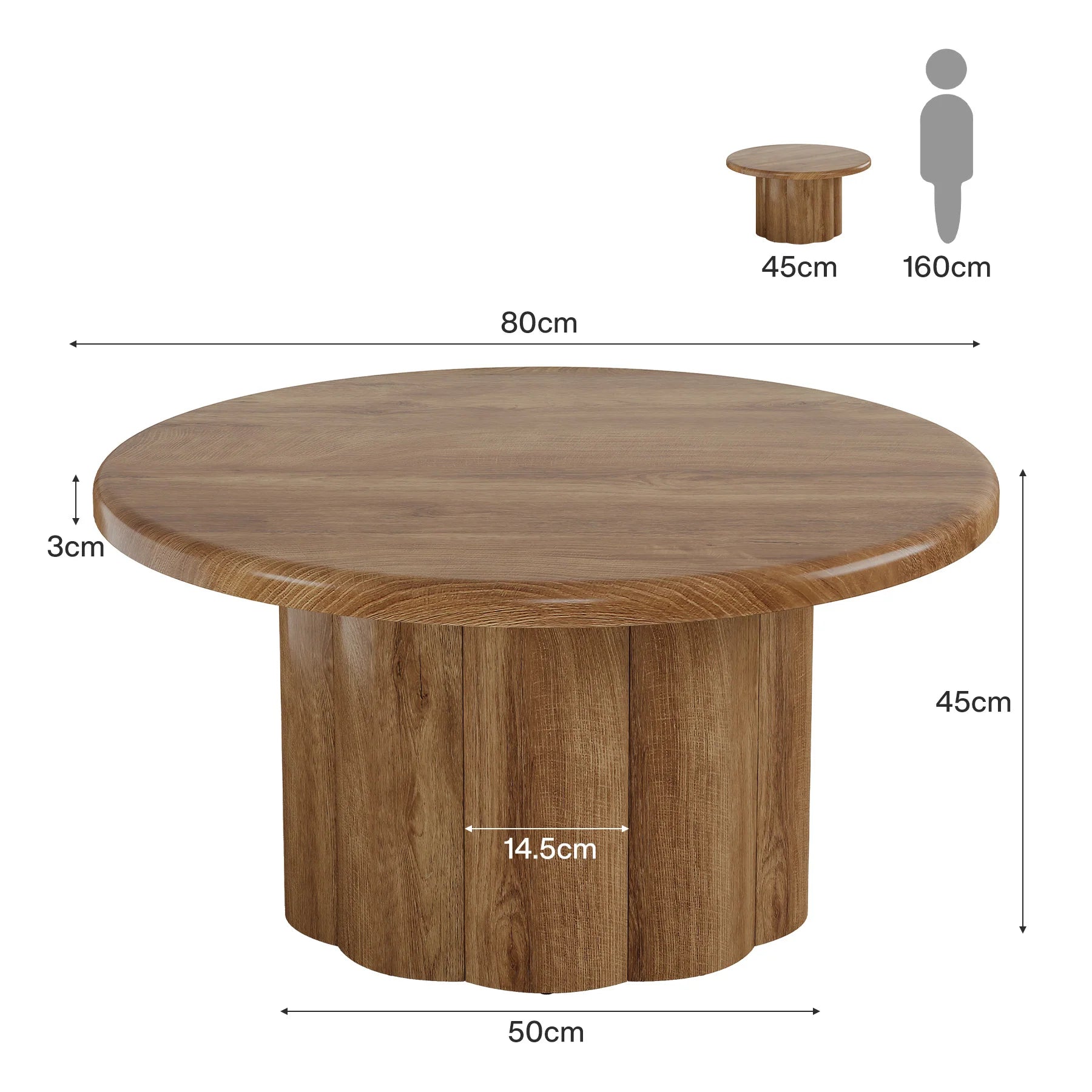 Okrągły stolik kawowy 80 cm z rifową podstawą w kolorze brązu