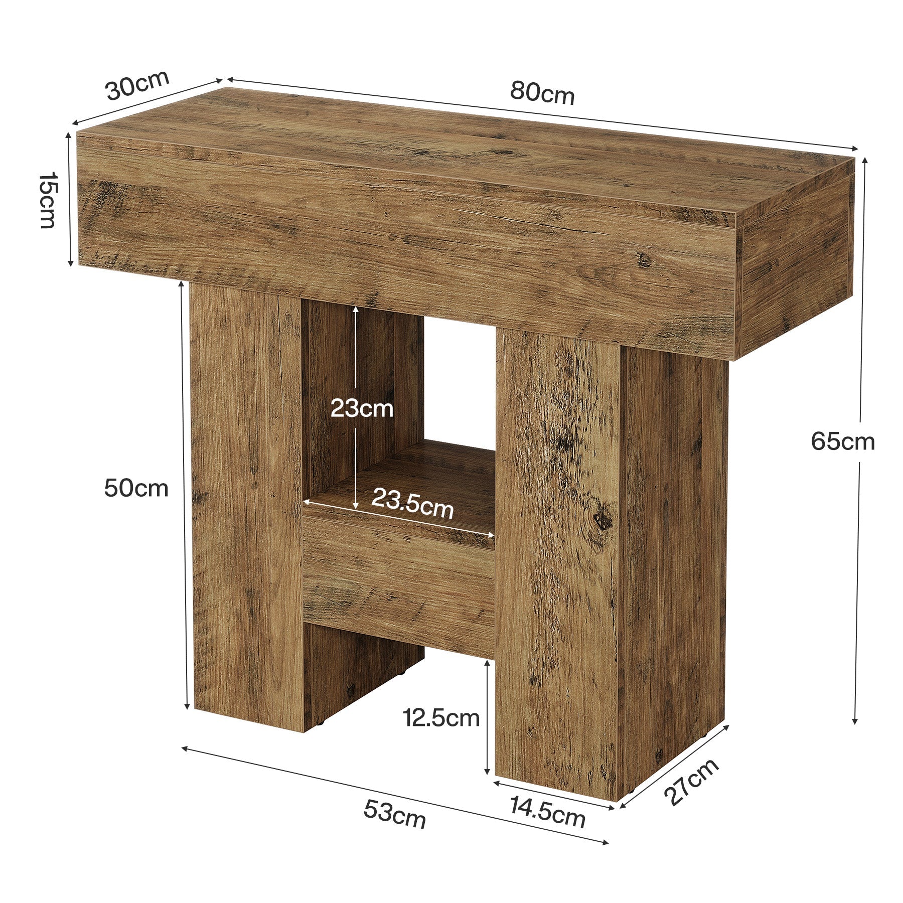Wąski stolik pomocniczy z 2 półkami, rustykalny design