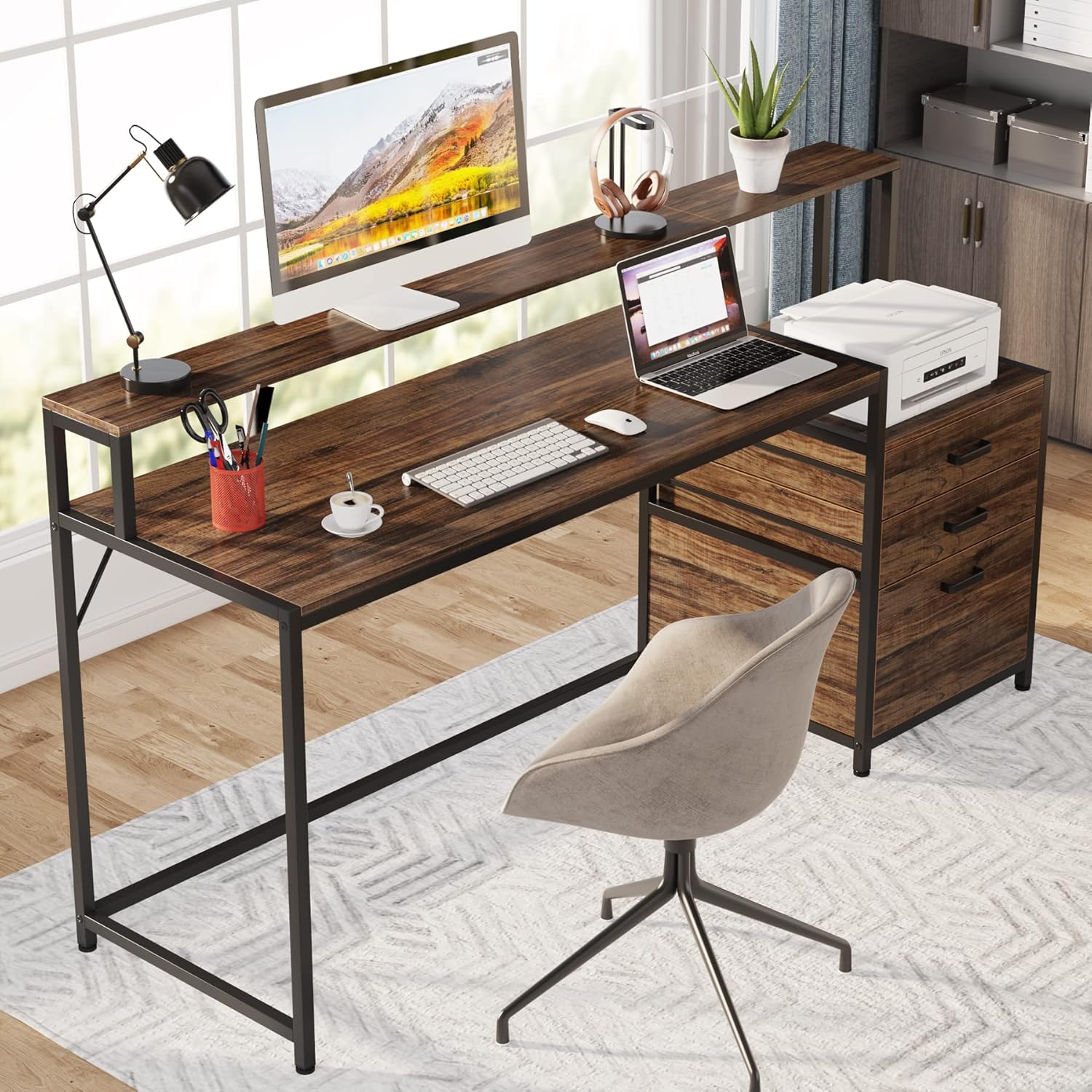 Ergonomiczne biurko komputerowe z szufladami i podstawką na monitor