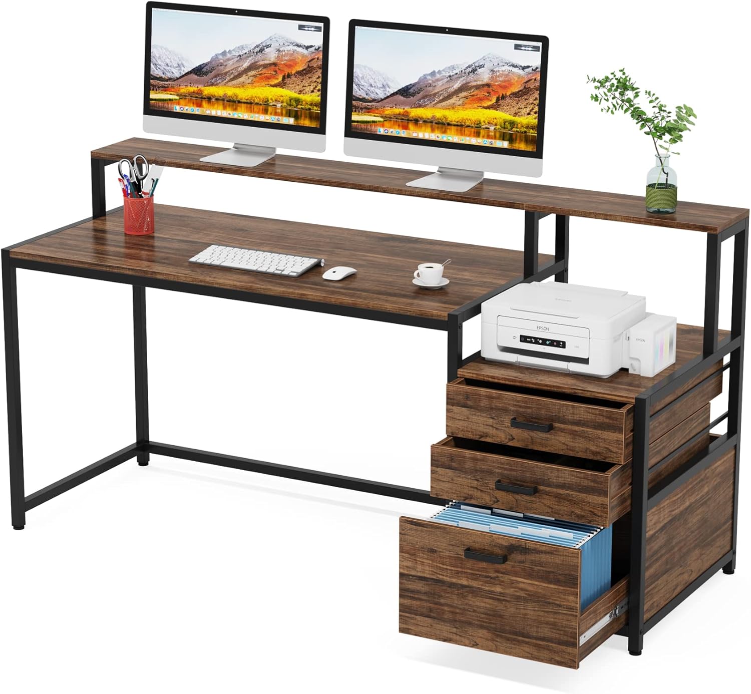 Ergonomiczne biurko komputerowe z szufladami i podstawką na monitor