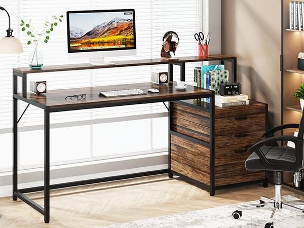 Ergonomiczne biurko komputerowe z szufladami i podstawką na monitor