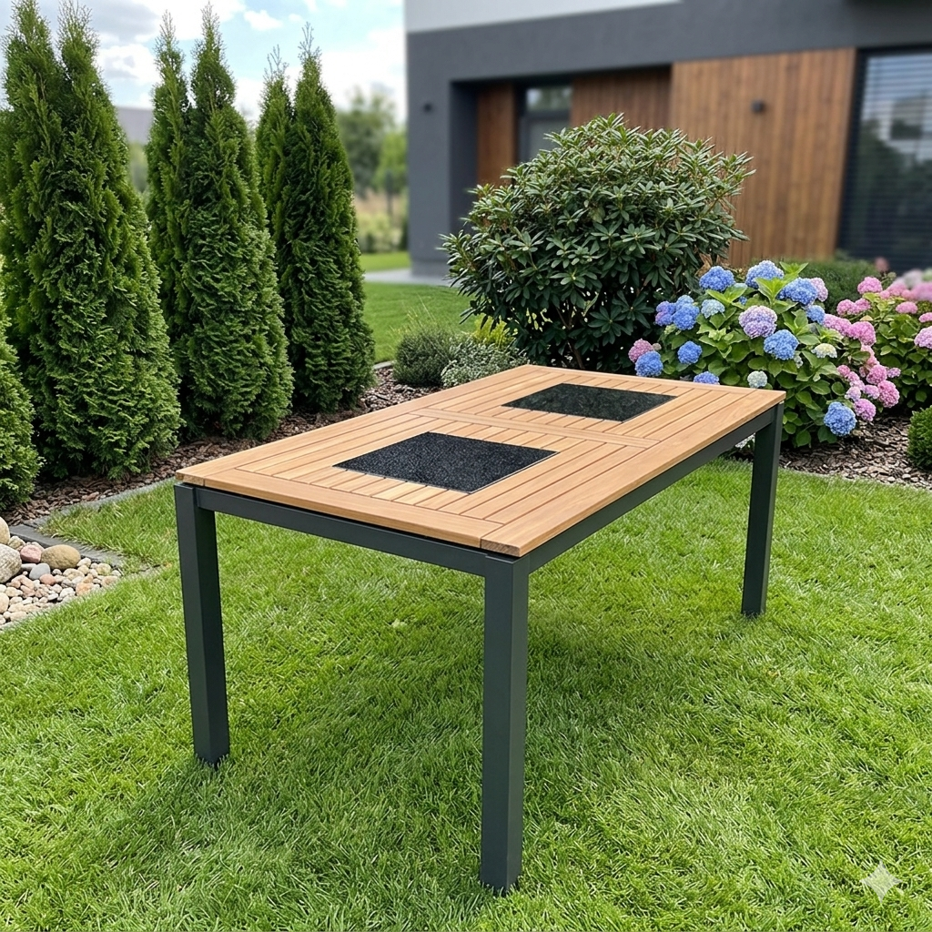 Premium Stół Ogrodowy 160x90 cm Drewno Tekowe Marmur 6 Osób