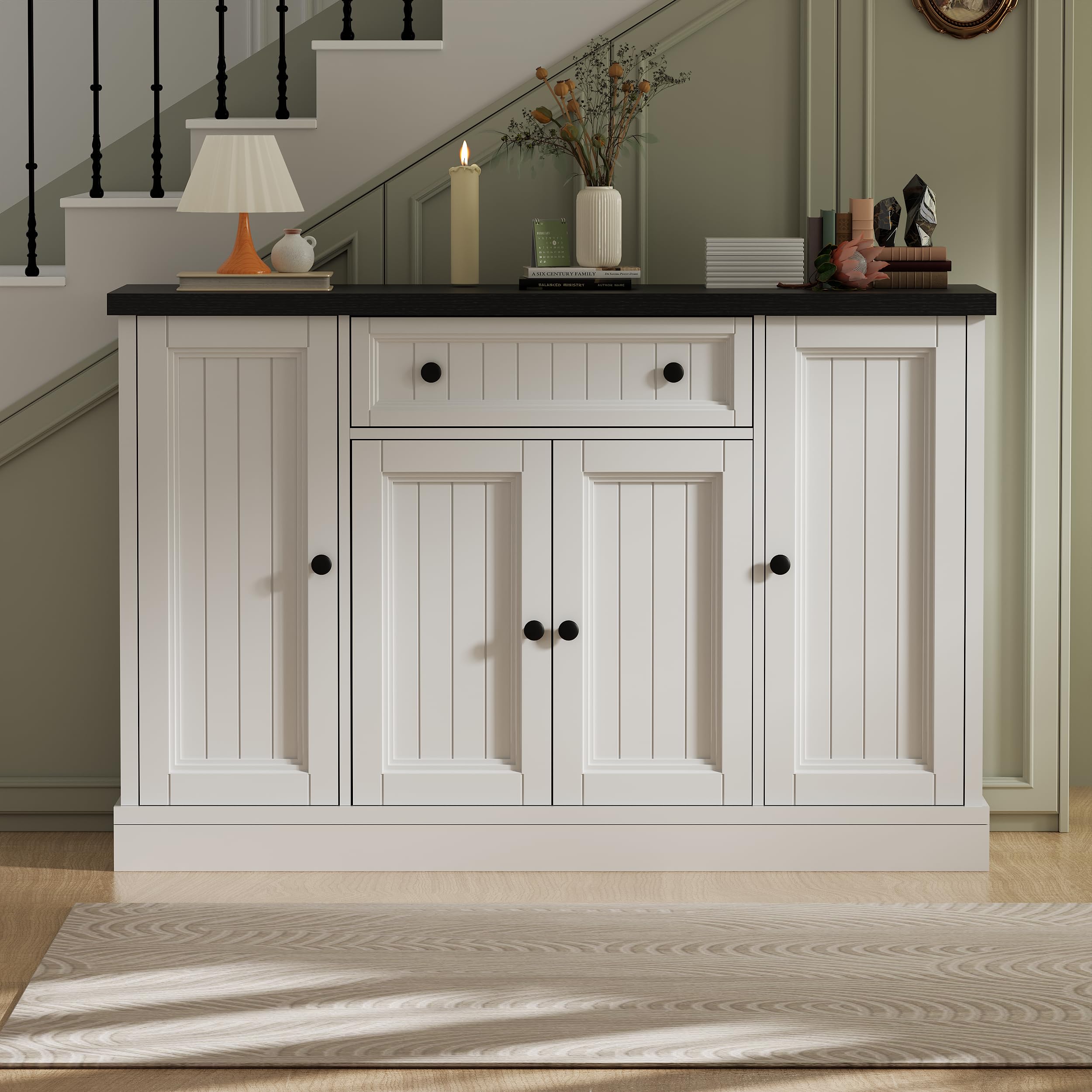 Biała Komoda Buffet Scandic Elegancki Kredens z Czarnym Blatem, 120 cm