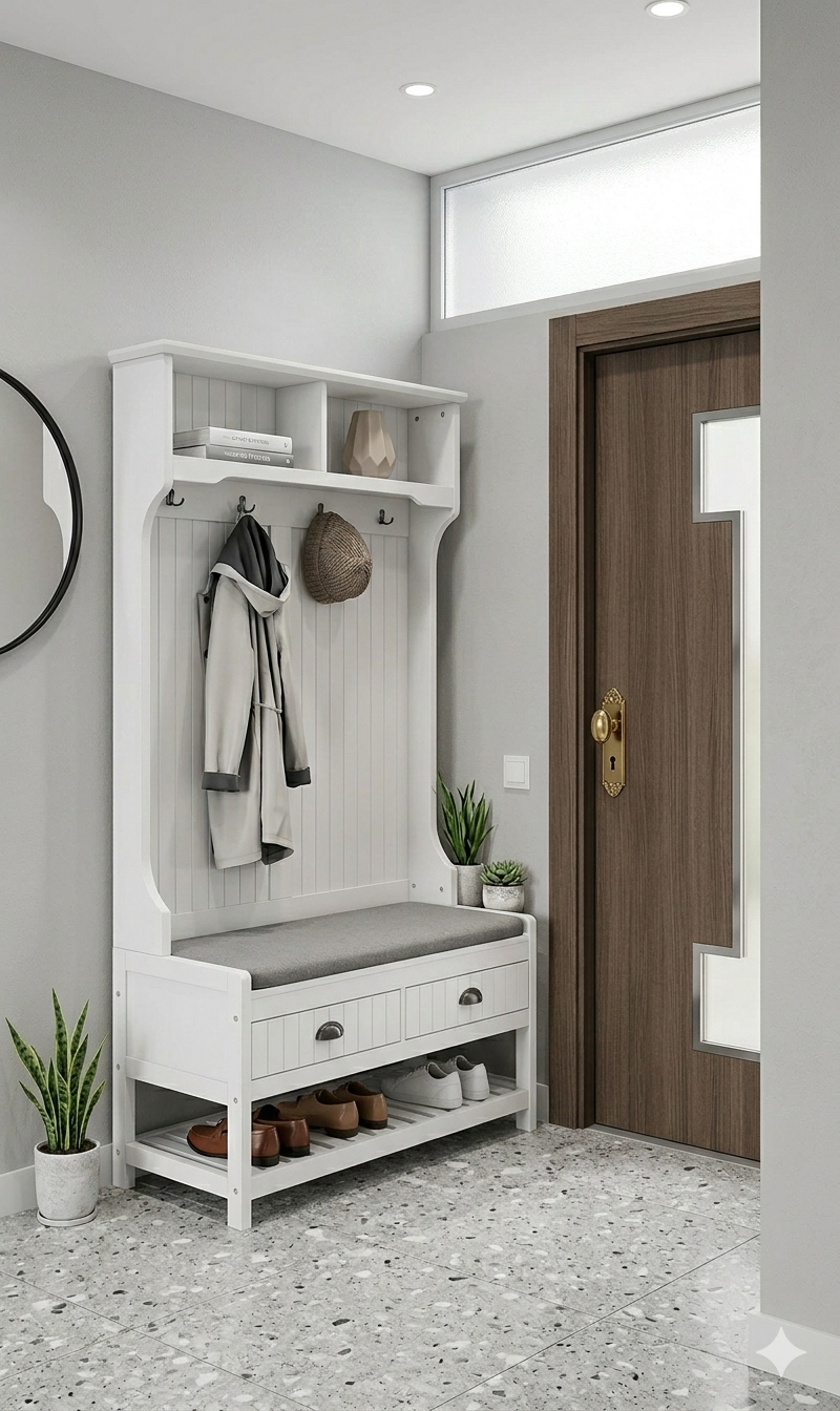 Elegancka Garderoba 3w1 do Przedpokoju z Siedziskiem, Szufladami i Wieszakami